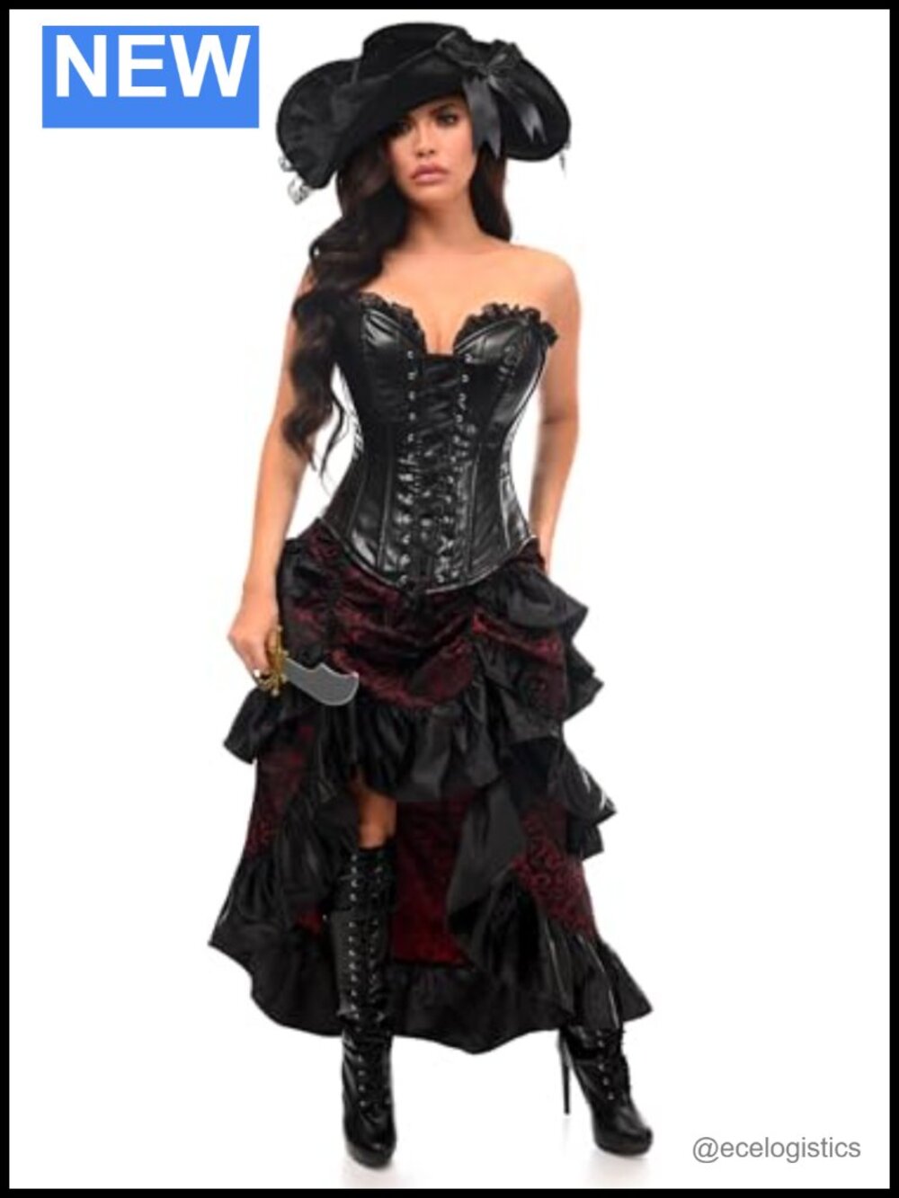Steel Boned Corset Costume Set with Brocade Skirt, Pirate Hat & Sword - Plus